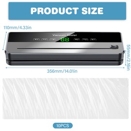 5-in-1 Vacuum Sealer, Food Vacuum Sealer with 10 Pieces 20 x 30 cm Vacuum Sealer Bags, 65 Kpa Removable Film Sealer with LED Display and Cutter for Dry and Moist Foods (Grey)