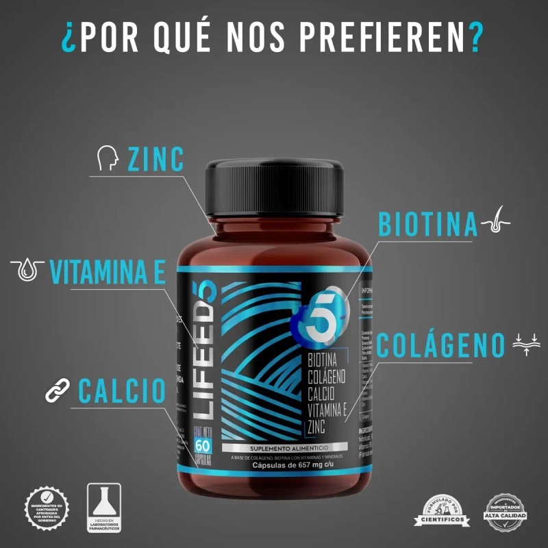 Biotina Colágeno Vitamina Zinc Calcio Cápsulas Lifeed5