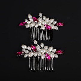 BERYUAN Rose Red Rhinestone Pearls Wedding Hair Comb Pearls Bridal Wedding Headpiece Dainty Pearls Hair Comb Pearls Hair Side Comb Crystal Wedding Comb for Women Girls(2pcs) (rose red)