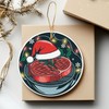Steak Ornament Round Ceramic 3 inches - Juicy Steak with Santa Hat, Fairy Lights, and Holly for a Festive Culinary Christmas