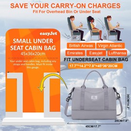 for Easyjet Airlines Underseat Cabin Bag 45X36X20 Weekend Overnight Carry on Holdall for Women Travel Duffel Sport Gym Tote Mum Hospital Bags with Wet Pocket,E8-Grey