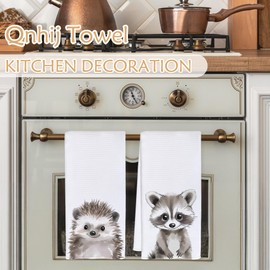 Qnhij Hedgehog and Raccoon Kitchen Towels, Animal Lovers Gifts Dish Tea Towels for Kitchen Decor, Hedgehogs Raccoons Gifts for Women Decorative Hand Towels for Bathroom, 16x24 Inch Set of 2