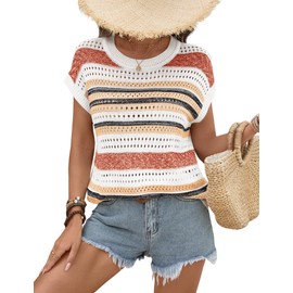 Ivicoer Women Crochet Tops Lightweight Summer Sweaters Vest Hollow Out Plus Size Womens Summer 2025 Orange Stripe XL