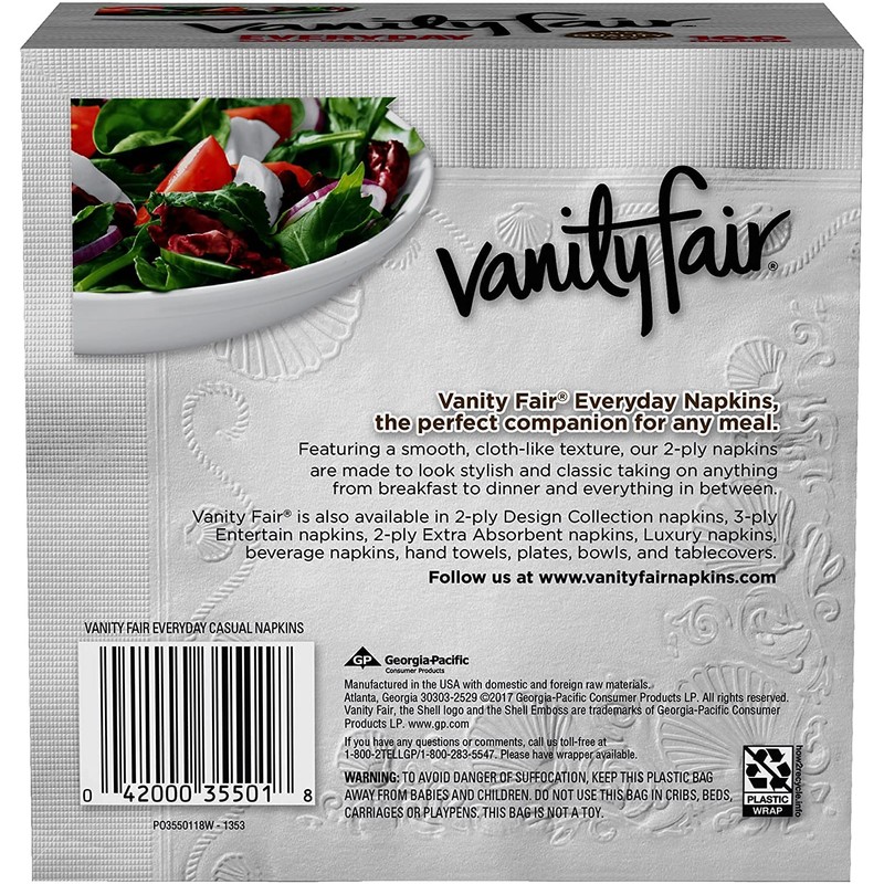 Vanity Fair Everyday Paper Napkins, 100 2-Ply Disposable Napkins (Pack