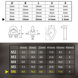 Prmape Pack of 24 Wire Rope Clamps 6 mm, 12 Pieces Rope Clamp M6 with 12 Pieces M6 Thimbles, Wire Rope Clamps 304 Stainless Steel, U-Bolt Bow Shape Steel Cable Rope Connector for Wire Rope Steel Cable
