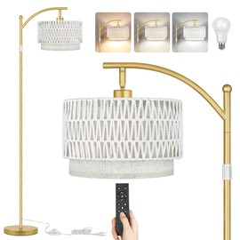 Rattan Floor Lamps for Living Room, Boho Standing Lamps with White Rattan& Linen Double Shades, Arc Lamps Floor Standing with 9W Bulb, Foot Switch, Gold Bohemian Floor Lamps for Bedroom, Office-Drum