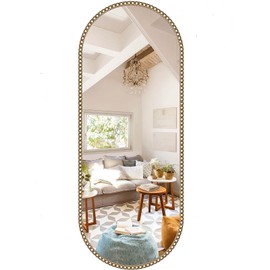 Brauthon Oval Full Length Mirror for Wall, 16"x48" Gold Oval Bathroom Vanity Mirror, Retro Gold Metal Beaded Frame Decorative Mirror for Vanity Accent Bedroom Dressing Room Entryway