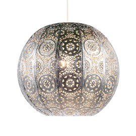 Spherical Moroccan Pendant Lighting Shade in Shiny Silver Metal - Vintage and Classic Design | 30cm x 26cm by Happy Homewares