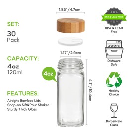 Homerove 30 Pack 4 oz Glass Spice Jars with Bamboo Lids, Empty Square Spice Containers with 319 Blank＆Printed Spice Labels, Collapsible Funnel for Kitchen Cabinet, Spice Rack