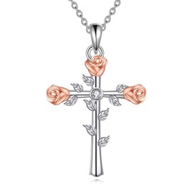 YONFQE Cross Necklace 925 Sterling Silver Rose Flower Pendant Religious Jewelry Keepsake Gift for Women Mother Friend