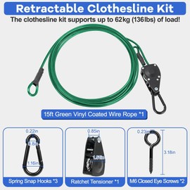 TooTaci 15ft Outdoor Clothesline Kit, 3/16" Green PVC Coated Wire Rope Portable Retractable Clothes Line Kit with Self-Locking Pulley, Screw Hook & Snap Hook for Camping, Backyard, Balcony, Travel