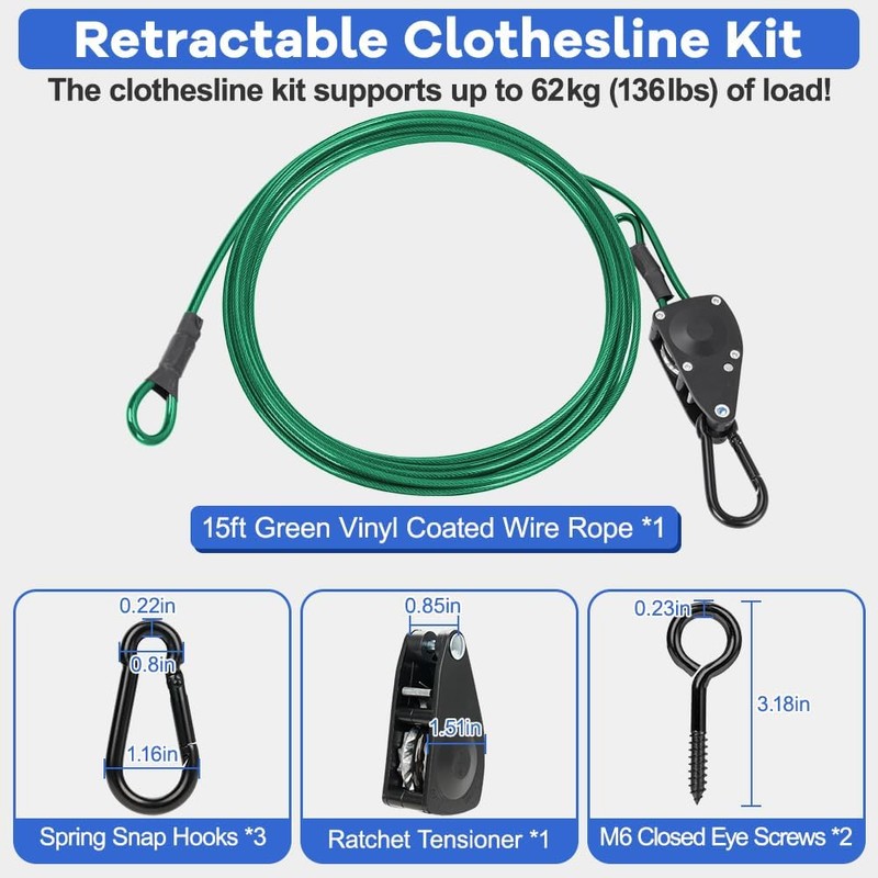 TooTaci 15ft Outdoor Clothesline Kit, 3/16" Green PVC Coated Wire