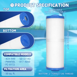 Promavot 4CH-949 Spa Filter Compatible with Filter PWW50L,FC-0172,SD-01143,817-4050 Hot Tubs Filters Cartridge Replacement,50 sqft, 2 Pack