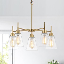 MWZ 5-Light Gold Chandeliers for Dining Room,Modern Brass Chandelier Kitchen Island Light Fixtures Over Table,Pendant Ceiling Hanging Lighting with Clear Glass Shade for Entryway Foyer Hallway