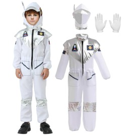 Astronaut Costume with Helmet for Children, Jumpsuit Onesie White with Hat, Gloves, Unisex, with Silver Stripes, Party Favours, Spaceman, Space, Fancy Dress, Carnival, Theme Party (120)