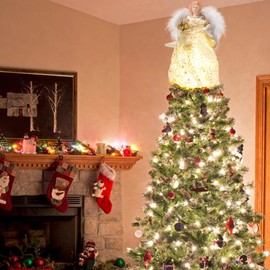 Christmas Angel Tree Topper, 32 cm High Angel Christmas Tree Topper, Christmas Tree Topper, Angel with Feather Wings, Christmas Angel Decoration, Christmas Tree Topper with Warm Yellow Fairy Lights,