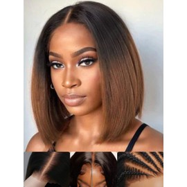 Sunber Ombre Chestnut Brown Light Yaki Straight Bob Human Hair Wigs Bye Bye Knots Pre Cut 7x5 HD Lace Front Lace Put On and Go 3s Wear Glueless Brown Yaki Bob Wig Pre Bleached Invisible Knots 10Inch