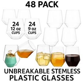 Oojami 48 Pack Diamond Clear Unbreakable Stemless Plastic Glasses 24 9oz Stemless Champagne Flutes & 24 12oz Cups BPA-Free, Disposable, Shatterproof Drinkware for Weddings, Bars, Events, and Parties