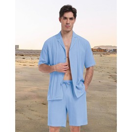 MoFiz Men's Linen Sets 2 Pieces Summer Vacation Party Beach Outfits Short Sleeve Button Down Shirts and Pants Set Light Blue Large