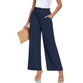 Anyally Womens Loose Wide Leg Pants Business Casual Elastic Waisted Palazzo Harem Pants with Pockets Work Trousers, 2XL Navy Blue