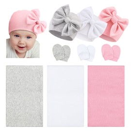 DRESHOW Newborn Receiving Blankets Cotton Warm Sleepsack with Mittens&Bow Hats Hospital Baby Swaddling