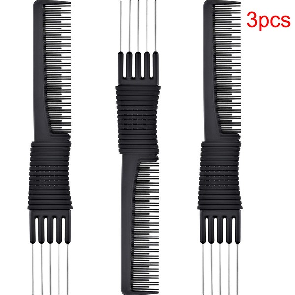 3 Pack Carbon Lift Teasing Combs with Metal Prong, Salon Teasing Back Combs Carbon Comb with Stainless Steel Lift (Black)