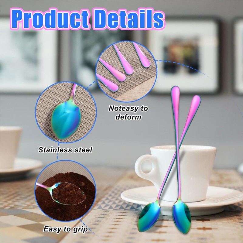 Guduling 4 Pcs Rainbow Sundae Spoons,Rainbow Teaspoons,Coffee Spoon,Stainless Long Handled