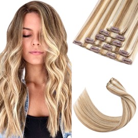 Elailite Remy Human Hair Extensions Real Hair - Clip-In Real Hair Extensions Clip - Straight - 14 Inches (35 cm 60 g) #12P613 Golden Brown & Bleached Blonde Pack of 5