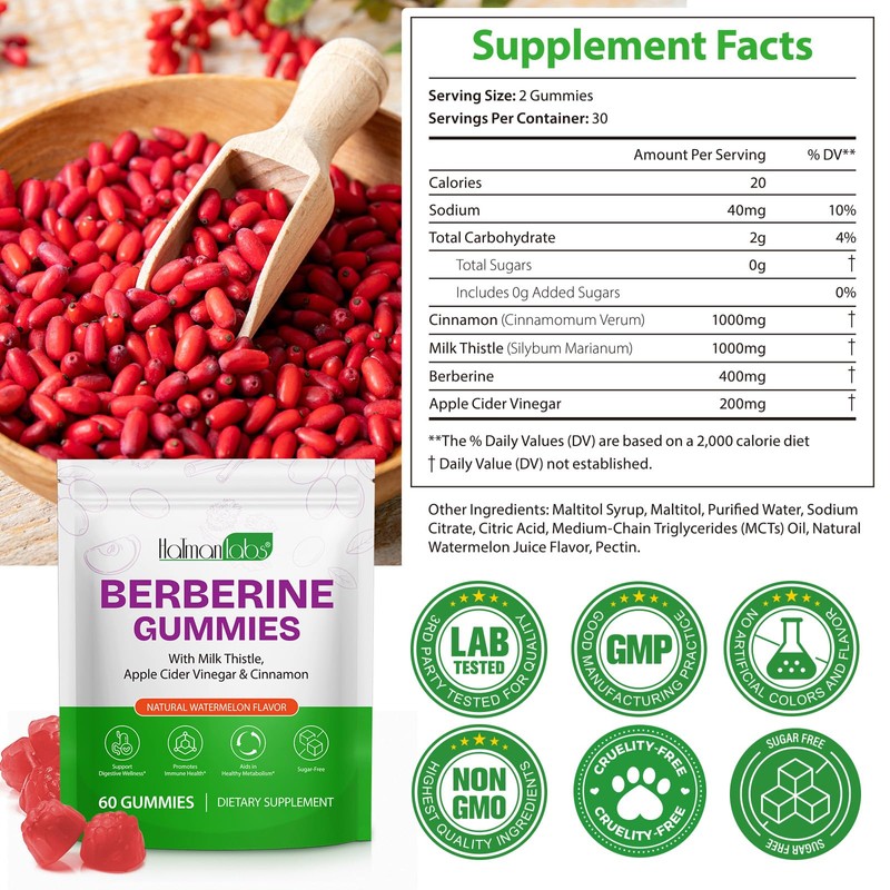 Berberine Gummies with Ceylon Cinnmon, Berberine Supplement for Digestive Health,