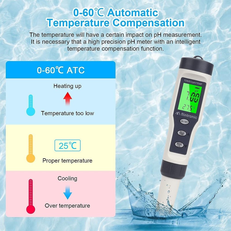 flintronic 4-in-1 PH Meter, PH/TDS/EC Temperature Tester with Backlight, 0-14