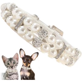 Pearl Collar for Dogs, Fancy Crystal Bling Cat Pearl Collar Rhinestone Luxury Beaded Puppy Necklace Diamond Girl Kitten Jewelry for XS Small Medium Female Pet Dogs (White, XS(Neck for 5.5-8"))