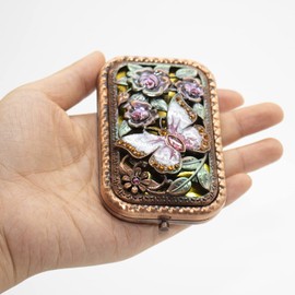 Vintage Makeup Mirror Metal Portable Foldable Mirror Butterfly Vanity Mirror Double Sided Compact Cosmetic Mirror Travel Mirror (A)
