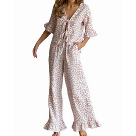 codcm Womens Cotton Pajama Set Ruffle 2 Piece Tie Front Shirt and Long Pants Cute Printed Sleepwear(Pink Leopard,Large)