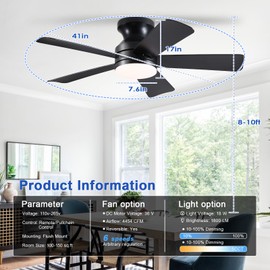 41 inch Ceiling Fans with Lights, Black Flush Mount Ceiling Fan with Remote, 3CCT, LED Dimmable, Reversible, 6 Fan Speeds, Quite Low Profile Ceiling Fan with Lights Modern Bedroom Kitchen Indoor