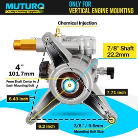 MUTURQ Vertical Pressure Washer Pump 7/8" Shaft, 3000 PSI, 2.5 GPM Replacement Power Washer Pump, Compatible with gcv190, 308653078, Rear facing, M22-14mm Outlet