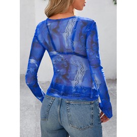 PRETTYGARDEN Women's Mesh Long Sleeve Top 2025 Trendy Fall See Through Sheer Blouse Fitted Going Out Layering Shirts (Floral Brilliant Blue,Medium)