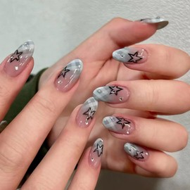 Blue Checkered Press on Nails Almond Gradient Light Therapy False Nails Stars Rhinestones Design Full Cover Coffin Nails Artificial Stick on Nails Medium Acrylic Nails DIY Glue on Nails for Women