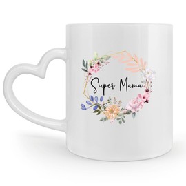 Super Mama Tasse Floral – Geschenk für Mama | Muttertagsgeschenk | Geschenk für Mutti Geburtstag, Weihnachten, Ostern | Geschenkidee Muttertag | Kaffeetasse Mami Floral Blumen (Herzhenkel | 300ml)