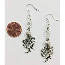 Octopus or Squid Charm Earrings with Clear Faceted Crystal Accent Beads on Sterling Silver Earwires, Beach Earrings, Nautical Earrings, Coastal Earrings, Marine Sealife Ocean Earrings