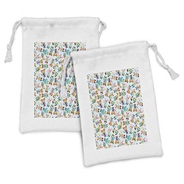 Ambesonne Cartoon Fabric Pouch Set of 2, Whimsical Humanized Animals with Glasses as Doctors Wearing Print, Small Drawstring Bag for Toiletries Masks and Favors, 9" x 6", Pale Blue Multicolor