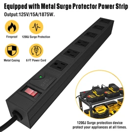YYR Heavy Duty Power Tool Organizer with Charging Station, Cordless Drill Hanger Storage Rack, Battery Tools Holder Wall Mount Shelf for Garage - 32 Inch Equipped with Surge Protection Power Strip