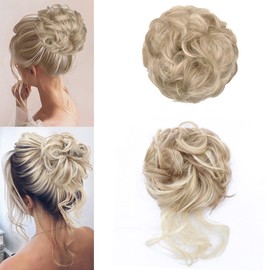 KETHBE Messy Bun Hair Piece Tousled Updo Hair Buns Extension Elastic Hair Band Hair Pieces Curly Hair Bun Scrunchie For Women (2PCS,Highlights Blonde)