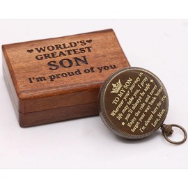 RII Pocket Brass Compass, Nautical Navy Compass for Camping, Travelling, Hiking, Boating, Gift Compass for Graduation, Wedding, Birthday, Anniversary, Mom to Son/Grandson with Engarved Wood Box