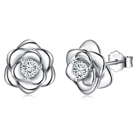 Silver Stud Earrings for Women Teens Girls, 925 Sterling Silver Flower Rose Studs Earrings | Hypoallergenic Cubic Zirconia Earring Helix Cartilage Earrings for Ladies Mum Daughter Kids Jewellery Gifts