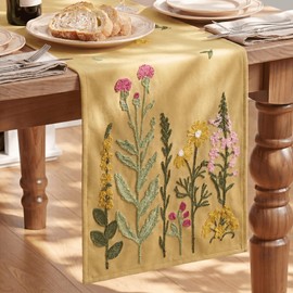 Light Camel Soft Chain Embroidery Wild Floral Spring Table Runner, Seasonal Summer Kitchen Dining Table Decoration for Home Party Decor 13x72 Inch
