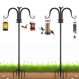 OZMI Double Shepherds Hook for Outdoor, 94 Inch Adjustable Heavy Duty Bird Feeder Pole with 5 Prong Base, Bird Feeder Stand Hanger for Plant Basket, Lanterns, Wind Chime, Hummingbird Feeder (2 Pack)