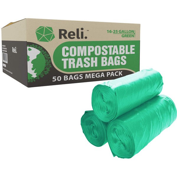 Reli. Compostable 16-25 Gallon Trash Bags | 50 Count | ASTM D6400 | Green | Eco-Friendly | For Compost