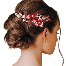 JAKAWIN Flower Bride Wedding Hair Vine Accessories Red Pearl Bridal Hair Piece for Women