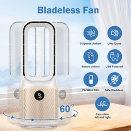 Desk Fan - Small Quiet Bladeless Table Fan, 14 Inch USB Rechargeable with 5000mAh Battery, 60° Oscillating, 9 Speed Adjustable, 3 Light Modes, Touch Control Mini Fan for Office Bedroom Living Room