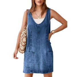 BerryGo BerryGo Women's Denim V Neck Sleeveless Overall Dress Casual Mini Pinafore Dress Short Jumper Jeans Dress with Pocket Blue M
